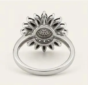 silver black white sunflower crystal ring back underside view silver black white sunflower crystal ring back underside view