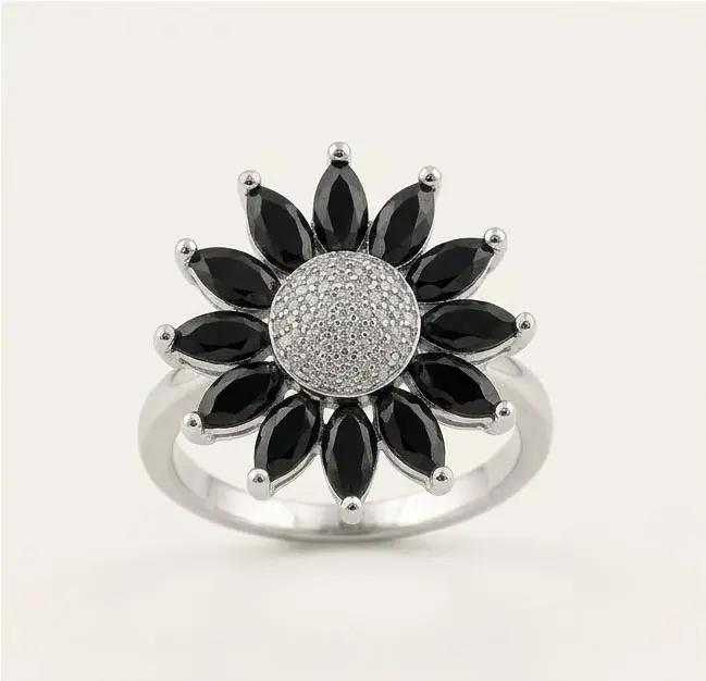 silver black white sunflower crystal ring front perspective silver black white sunflower crystal ring front perspective