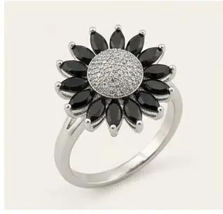 Silver Black Sunflower Crystal Ring Silver Sunflower Shaped Ring with Black Marquise Petal Crystals and White Center Cluster