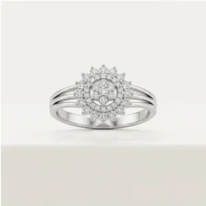 silver circular floral medallion crystal ring front view