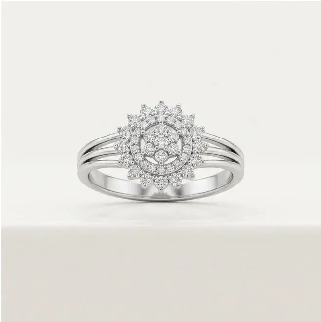 silver circular floral medallion crystal ring front view silver circular floral medallion crystal ring front view