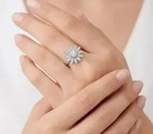 Silver Multi-Tier Circular Floral Medallion Zircon Ring Displayed on Female Hand