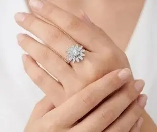 Silver Circular Floral Medallion Crystal Ring Hand View Silver Multi-Tier Circular Floral Medallion Zircon Ring Displayed on Female Hand