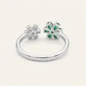Home silver emerald green white dual floral open ring back view