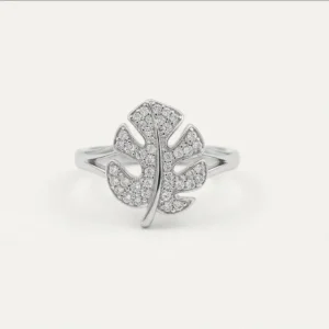 Home silver monstera tropical leaf crystal ring front view