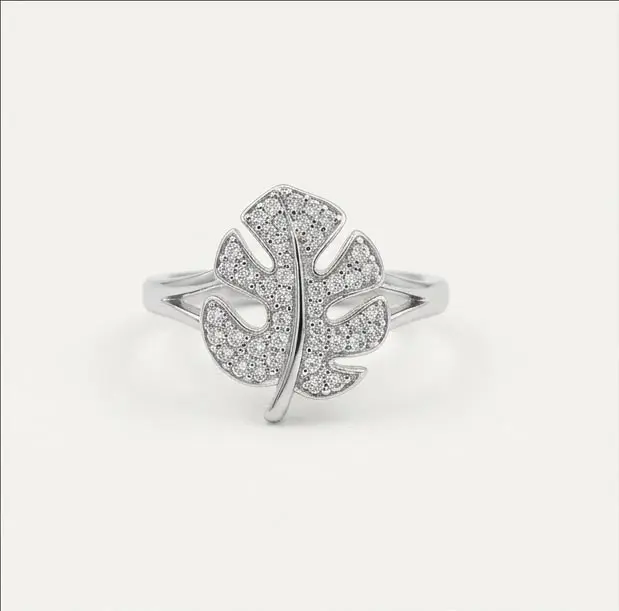silver monstera tropical leaf crystal ring front view silver monstera tropical leaf crystal ring front view