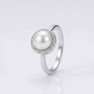 silver pearl crystal halo solitaire ring perspective view