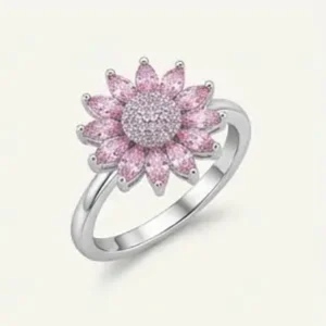 silver pink sunflower crystal ring perspective view