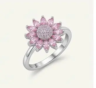 silver pink sunflower crystal ring perspective view silver pink sunflower crystal ring perspective view