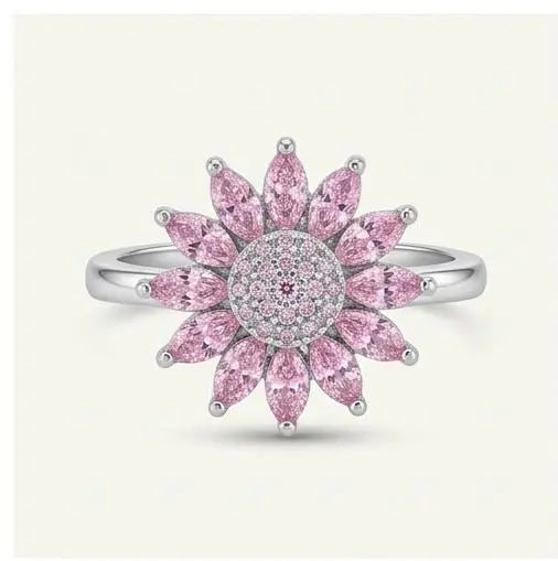 silver pink sunflower crystal ring top view silver pink sunflower crystal ring top view