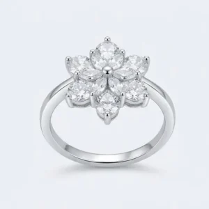 silver white zircon crystal floral ring front view