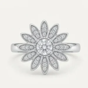 silver white zircon pave sunflower ring front view