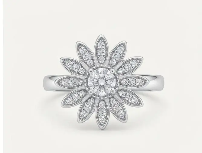 silver white zircon pave sunflower ring front view silver white zircon pave sunflower ring front view