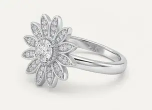 silver white zircon pave sunflower ring perspective view silver white zircon pave sunflower ring perspective view
